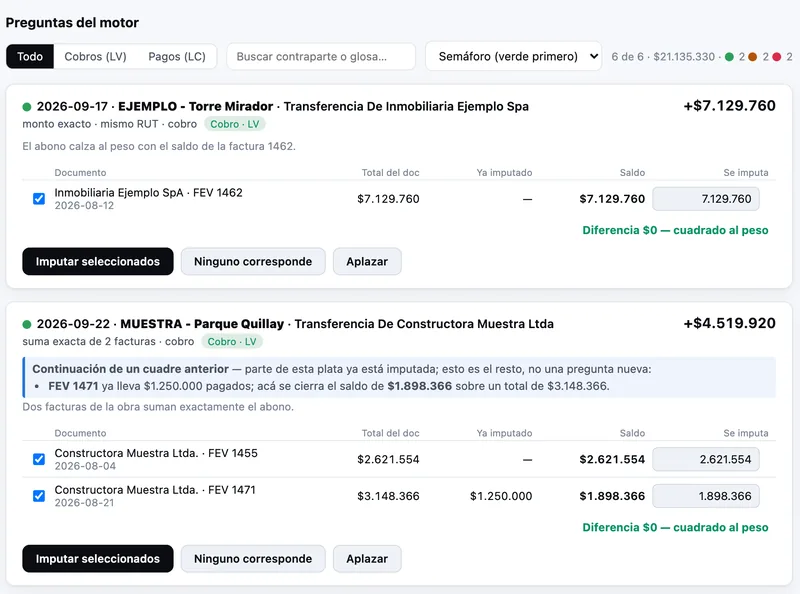 Bandeja Conciliar de SAICO con datos de prueba: cada movimiento bancario con el documento que el motor propone y su luz de semáforo, a la espera de que una persona decida.